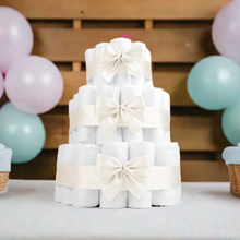 Lade das Bild in den Galerie-Viewer, Große Windeltorte für Baby als Geschenk zur Geburt mit weiß-beigen Bändern