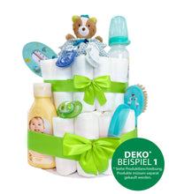 Lade das Bild in den Galerie-Viewer, Mittlere Windeltorte für Mädchen und Jungen mit hellgrünen Bändern und Schleifen