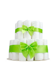 Lade das Bild in den Galerie-Viewer, Mittlere Windeltorte für Mädchen und Jungen mit hellgrünen Bändern und Schleifen