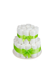Lade das Bild in den Galerie-Viewer, Mittlere Windeltorte für Mädchen und Jungen mit hellgrünen Bändern und Schleifen